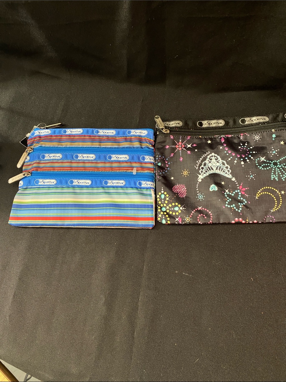 LeSportsac Blue Striped and Black Star & Tiara Printed Triple Pouch Duo